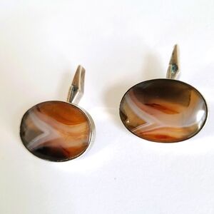 Vintage Men's Sterling Silver Agate Gemstone Boho Chunky Large Oval Cufflinks